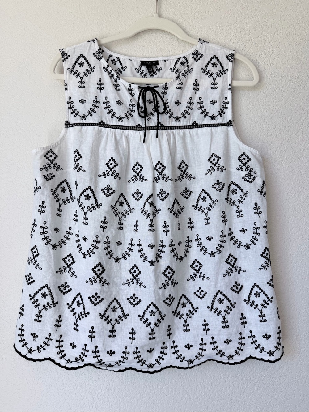 Talbots Linen Cotton Embroidered Tank Top Boho Scalloped XLP